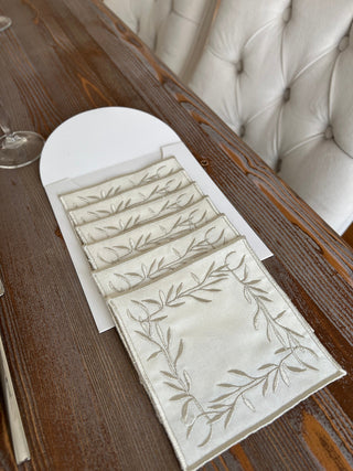 Flower Design Cocktail Napkin - Waterproof Fabric - Shine Silver Embroidered