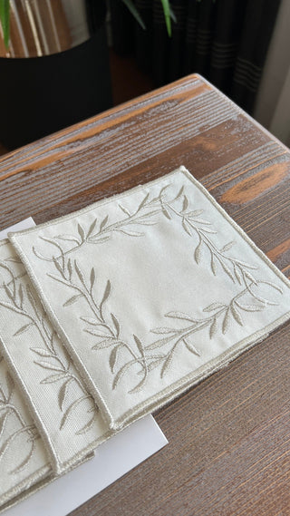 Flower Design Cocktail Napkin - Waterproof Fabric - Shine Silver Embroidered