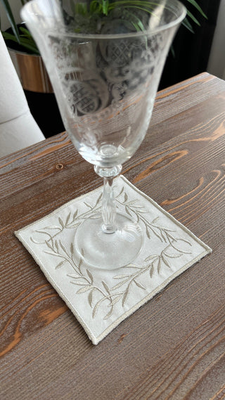 Flower Design Cocktail Napkin - Waterproof Fabric - Shine Silver Embroidered