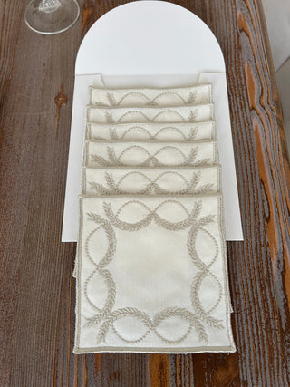 Olive Branch Design Cocktail Napkin - Waterproof Fabric - Shine Silver Embroidered