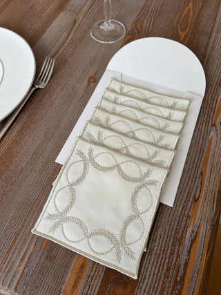 Olive Branch Design Cocktail Napkin - Waterproof Fabric - Shine Silver Embroidered