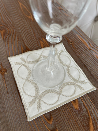 Olive Branch Design Cocktail Napkin - Waterproof Fabric - Shine Silver Embroidered