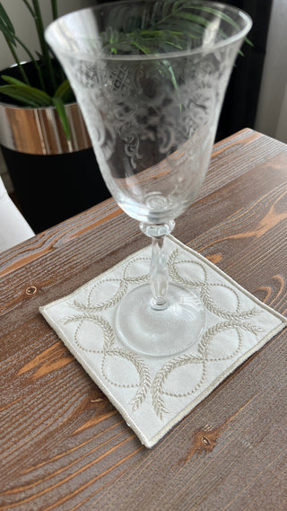 Olive Branch Design Cocktail Napkin - Waterproof Fabric - Shine Silver Embroidered