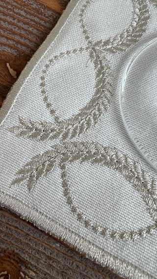 Olive Branch Design Cocktail Napkin - Waterproof Fabric - Shine Silver Embroidered