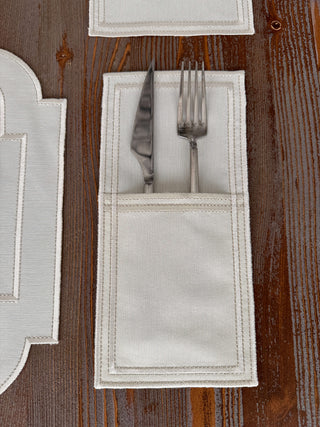 Nova Belle Design Off White and Shine Silver Placemat Set - Waterproof Fabric - 6 Persons - 24 Pcs. Full Set