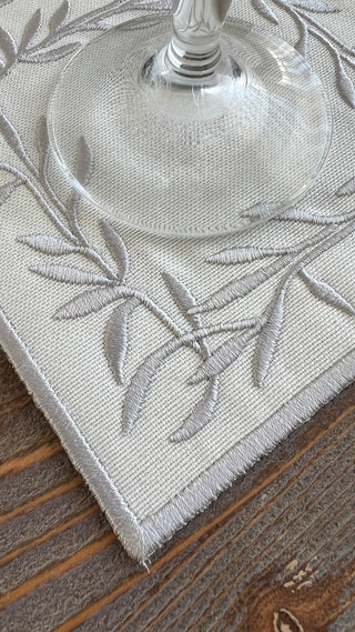 Flower Design Cocktail Napkin - Waterproof Fabric - Silver Embroidered