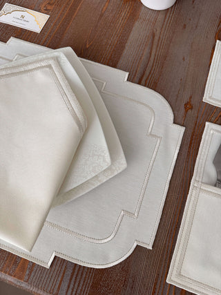 Nova Belle Design Off White and Shine Silver Placemat Set - Waterproof Fabric - 6 Persons - 24 Pcs. Full Set