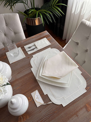 Nova Belle Design Off White and Shine Silver Placemat Set - Waterproof Fabric - 6 Persons - 24 Pcs. Full Set