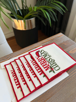 Christmas Design Merry Cocktail Napkin - 6 Persons - Waterproof Fabric