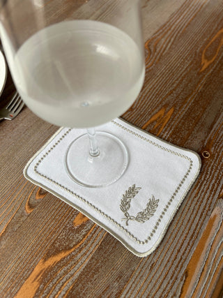 Laurel Wreath Square Design Cocktail Napkin - Waterproof Fabric - Dark Grey Embroidered