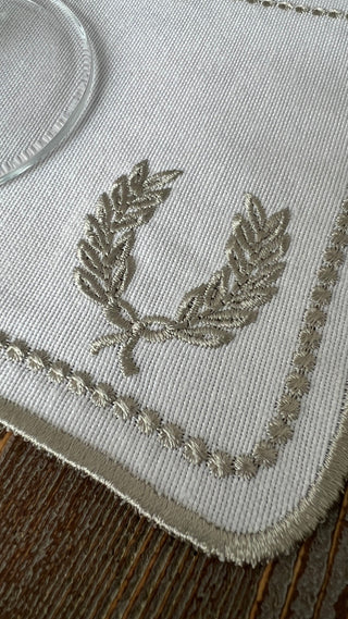 Laurel Wreath Square Design Cocktail Napkin - Waterproof Fabric - Dark Grey Embroidered