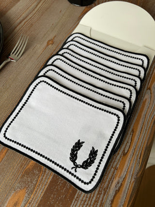 Laurel Wreath Square Design Cocktail Napkin - Waterproof Fabric - Black Embroidered