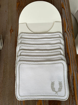 Laurel Wreath Square Design Cocktail Napkin - Waterproof Fabric - Light Grey Embroidered