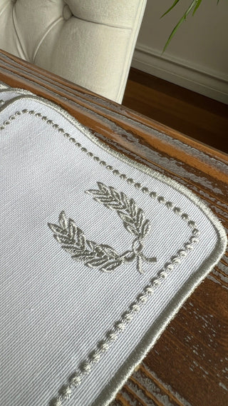 Laurel Wreath Square Design Cocktail Napkin - Waterproof Fabric - Light Grey Embroidered