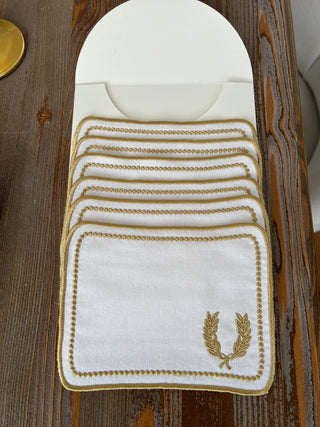 Laurel Wreath Square Design Cocktail Napkin - Waterproof Fabric - Gold Embroidered