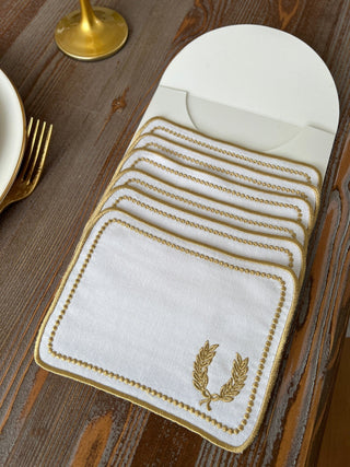 Laurel Wreath Square Design Cocktail Napkin - Waterproof Fabric - Gold Embroidered