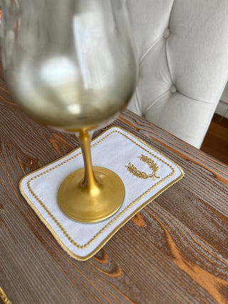 Laurel Wreath Square Design Cocktail Napkin - Waterproof Fabric - Gold Embroidered