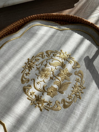 Bouquet Design Tray Cover - %100 Linen Fabric - Gold Embroidered