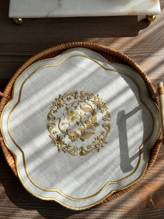 Bouquet Design Tray Cover - %100 Linen Fabric - Gold Embroidered