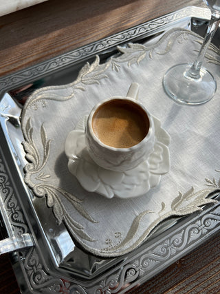 Tulip Design Tray Cover - %100 Linen Fabric - Shine Silver Embroidered