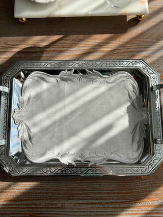 Tulip Design Tray Cover - %100 Linen Fabric - Silver Embroidered