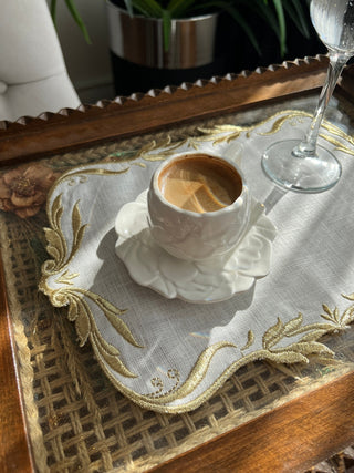 Tulip Design Tray Cover - % 100 Linen Fabric - Shine Gold Embroidered