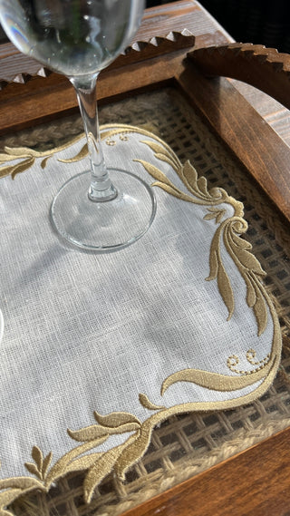 Tulip Design Tray Cover - %100 Linen Fabric - Gold Embroidered