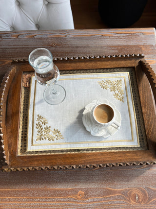 Lilac Soleil Design Tray Cover - %100 Linen Fabric - Gold Embroidered