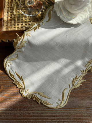 Tulip Design Tray Cover - % 100 Linen Fabric - Shine Gold Embroidered