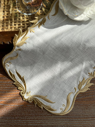 Tulip Design Tray Cover - %100 Linen Fabric - Gold Embroidered