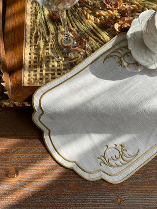 Orchid Design Tray Cover - %100 Linen Fabric - Gold Embroidered