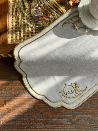 Orchid Design Tray Cover - %100 Linen Fabric - Gold Embroidered