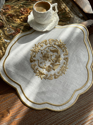 Bouquet Design Tray Cover - %100 Linen Fabric - Gold Embroidered