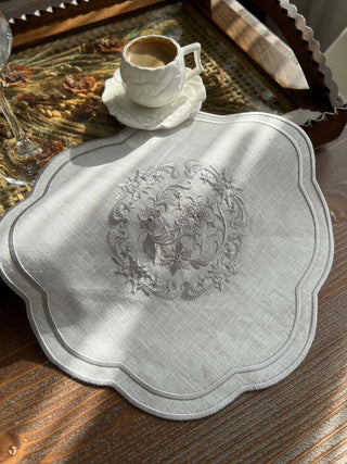 Bouquet Design Tray Cover - %100 Linen Fabric - Silver Embroidered