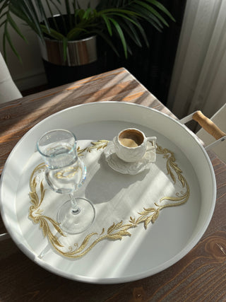 Tulip Design Tray Cover - % 100 Linen Fabric - Shine Gold Embroidered