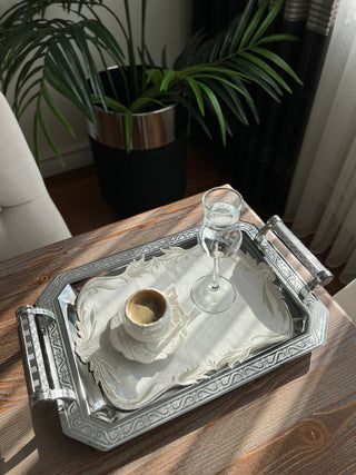 Tulip Design Tray Cover - %100 Linen Fabric - Shine Silver Embroidered