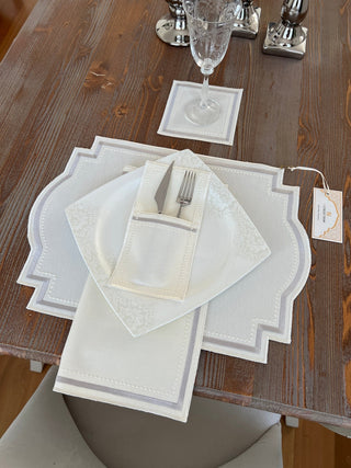 Graceful Silver Design Placemat Set - Waterproof Fabric - 6 Persons - 24 Pcs. Full Set