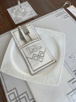 Welcome Elegance Design Silver Placemat Set - Waterproof Fabric - 6 Persons - 24 Pcs. Full Set