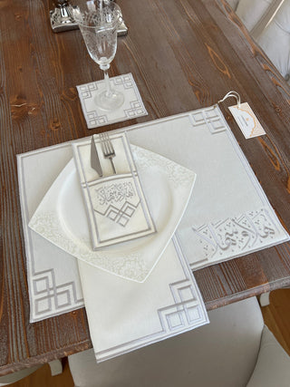 Welcome Elegance Design Silver Placemat Set - Waterproof Fabric - 6 Persons - 24 Pcs. Full Set