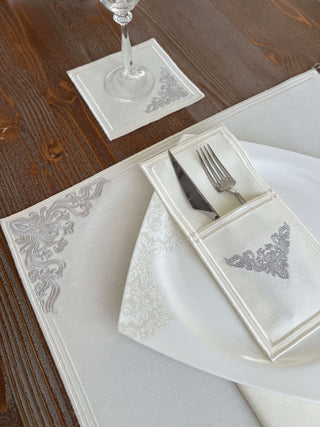 Evelyn Silver Design Placemat Set - Waterproof Fabric - 6 Persons - 24 Pcs. Full Set