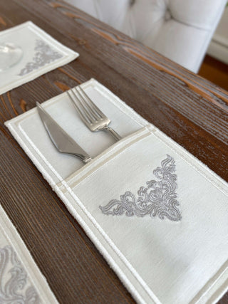 Evelyn Silver Design Placemat Set - Waterproof Fabric - 6 Persons - 24 Pcs. Full Set