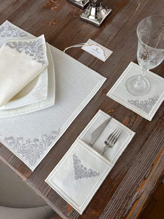 Evelyn Silver Design Placemat Set - Waterproof Fabric - 6 Persons - 24 Pcs. Full Set