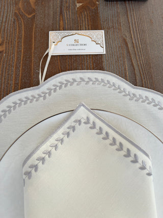 Leafy Allure Silver Design Placemat Set - Waterproof Fabric - 6 Persons - 24 Pcs. Full Set