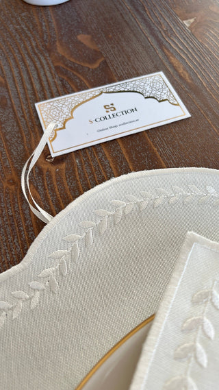 Leafy Allure Off White Design Placemat Set - Waterproof Fabric - 6 Persons - 24 Pcs. Full Set