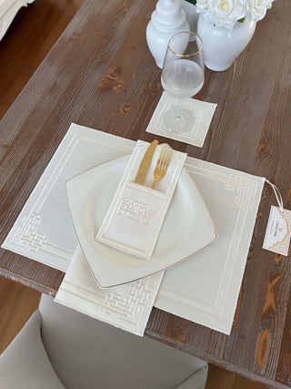 Pyramid Design Off White Placemat Set - Waterproof Fabric - 6 Persons - 24 Pcs. Full Set