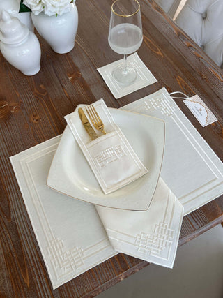 Pyramid Design Off White Placemat Set - Waterproof Fabric - 6 Persons - 24 Pcs. Full Set