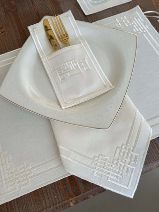 Pyramid Design Off White Placemat Set - Waterproof Fabric - 6 Persons - 24 Pcs. Full Set