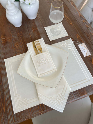 Pyramid Design Off White Placemat Set - Waterproof Fabric - 6 Persons - 24 Pcs. Full Set