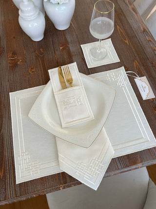 Pyramid Design Off White Placemat Set - Waterproof Fabric - 6 Persons - 24 Pcs. Full Set