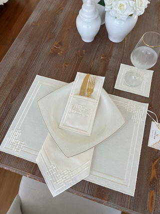 Pyramid Design Off White Placemat Set - Waterproof Fabric - 6 Persons - 24 Pcs. Full Set